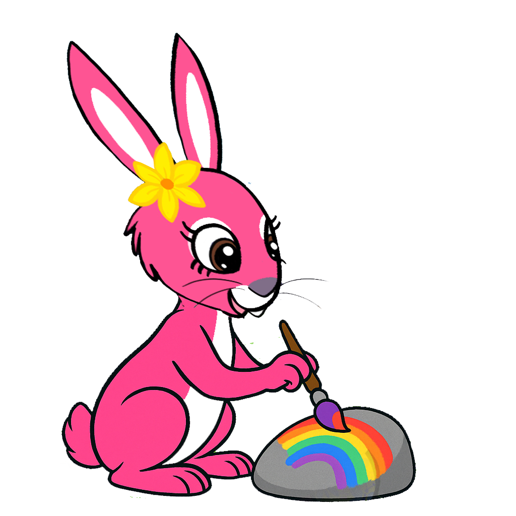 pink patsy painting a rainbow on her rock