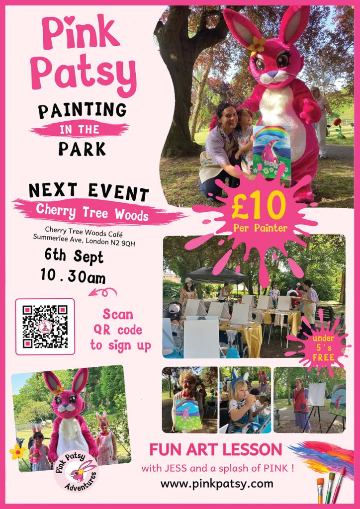 Pink Patsy Painting in the Park event poster for Cherry Tree Woods painting in the park