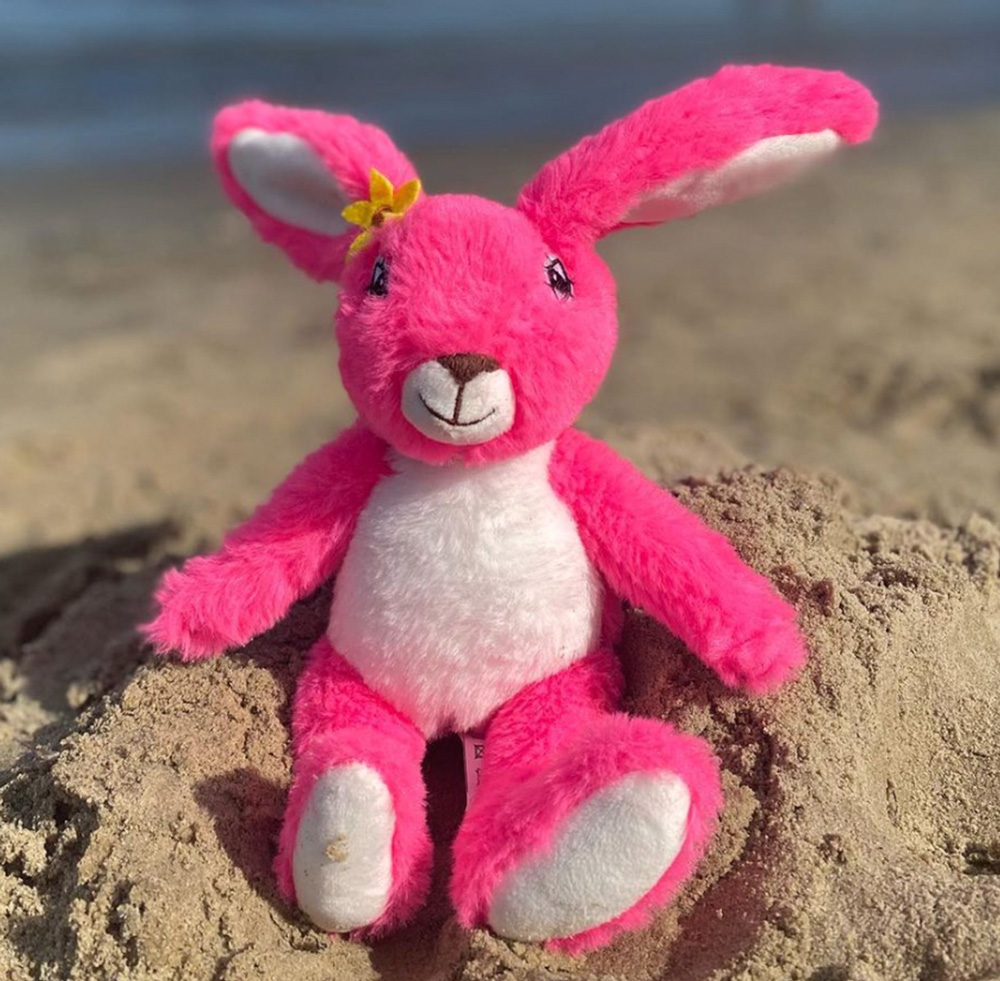 Pink Patsy the Adventurous Teddy Hare sitting on a sandy beach, ready to travel with children on magical adventures.