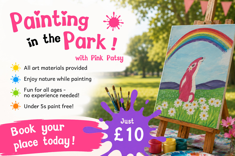Painting in the Park with Pink Patsy promotional poster for a fun outdoor painting class with all art materials provided.