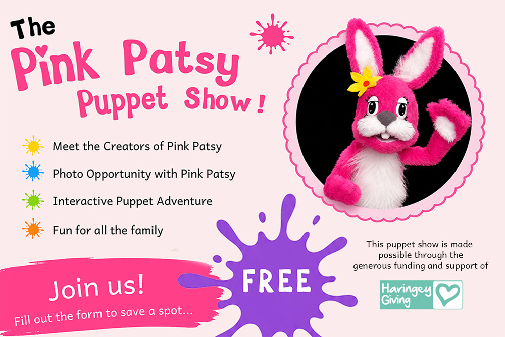 Promotional poster for The Pink Patsy Puppet Show featuring a pink bunny puppet waving, with event highlights including meet the creators, photo opportunity, interactive puppet adventure, and free family entertainment at Crocodile Cafe, London.