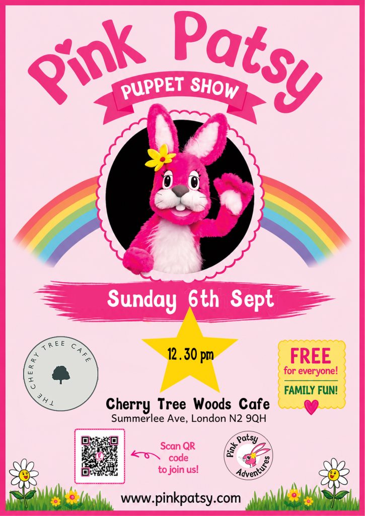 Pink Patsy puppet show at Cherry Tree Woods Café, free family puppet show in Barnet on Sunday 6th Sept.